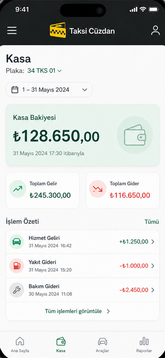Taksi Cüzdan kasa ekranı