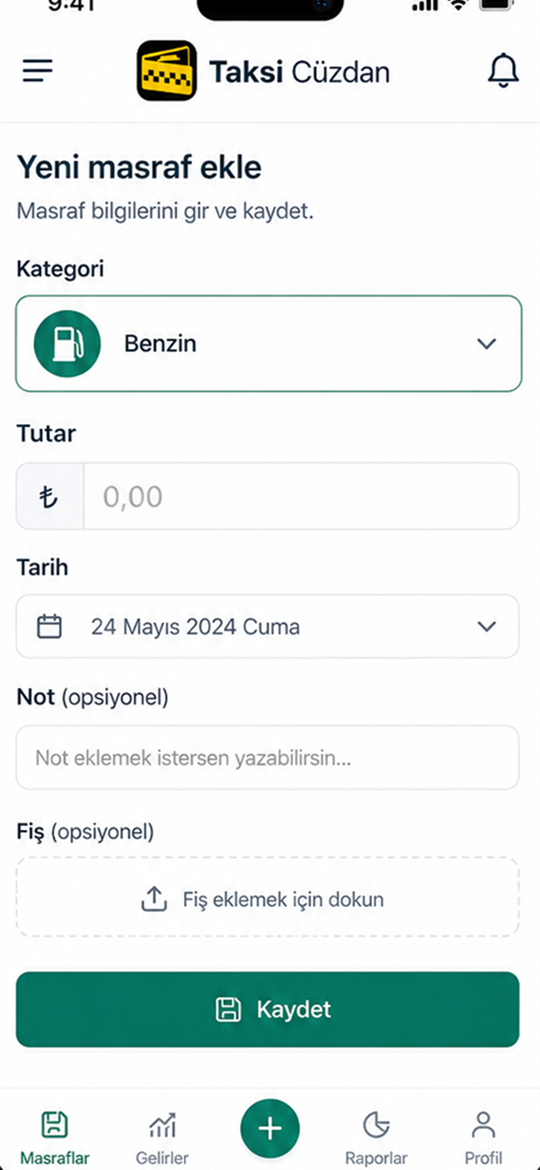 Taksi Cüzdan masraf ekranı