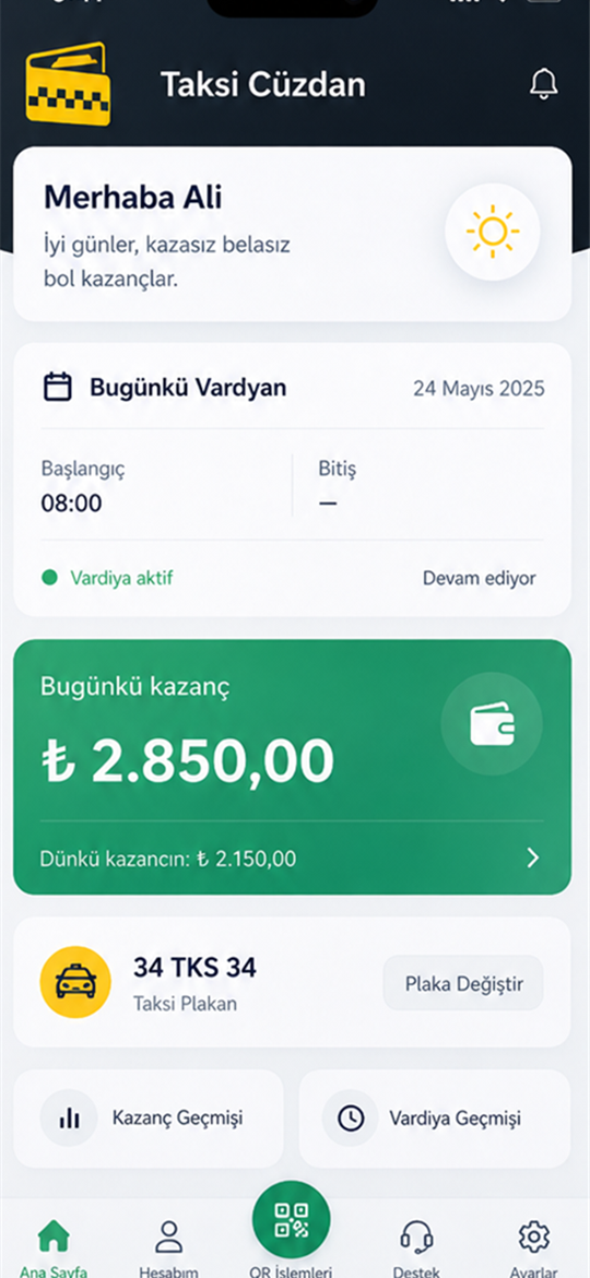 Taksi Cüzdan gerçek vardiya ekranı